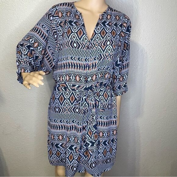 Collective Concepts Dresses & Skirts - Collective Concepts Belted Printed Dress Blue Tan White Size Large